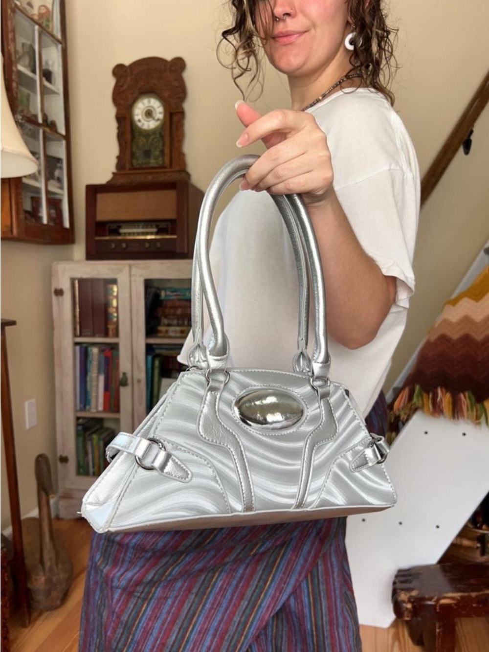 Silver Metallic Handbag Futuristic Cyberpunk Y2K Design Shoulder Bag